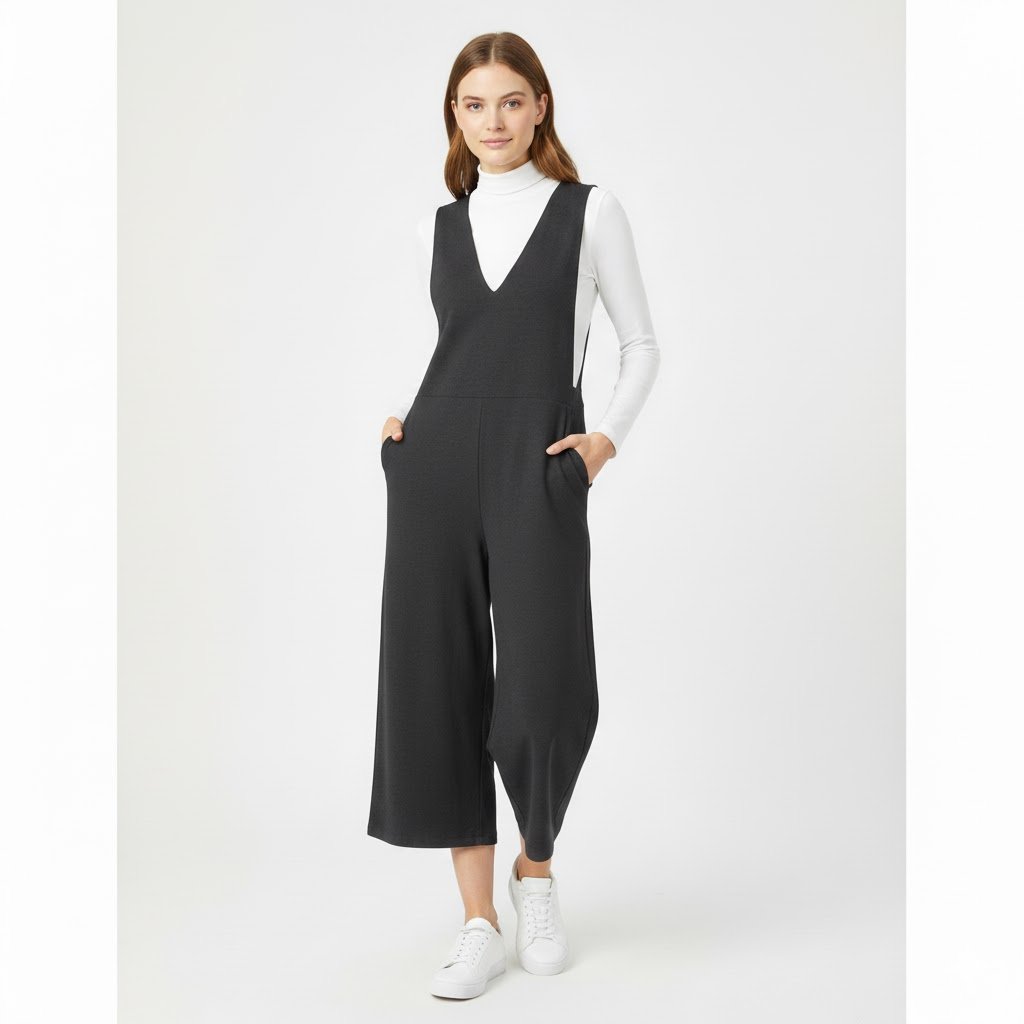 Nwt Eileen Fisher V-Neck Crop Jumpsuit In Graphite Washable Stretch Crepe Pl